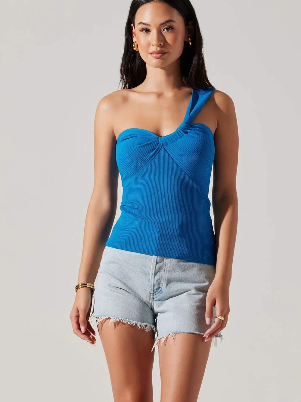 Astr One-Shoulder Ribbed Tank Top in Bright Blue